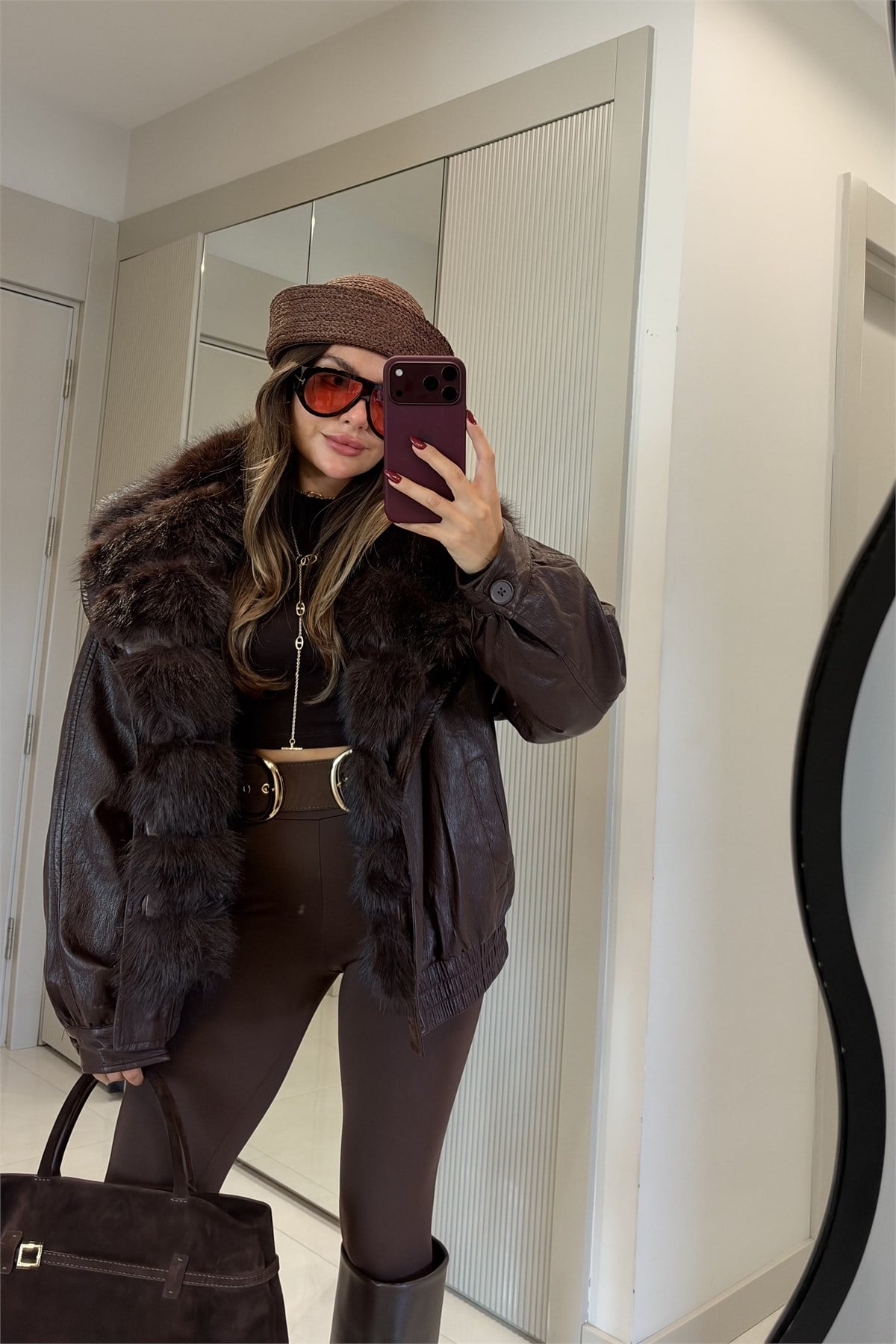 Shawe Acı Kahve Kürk Yaka Bomber Premium Lüks Mont