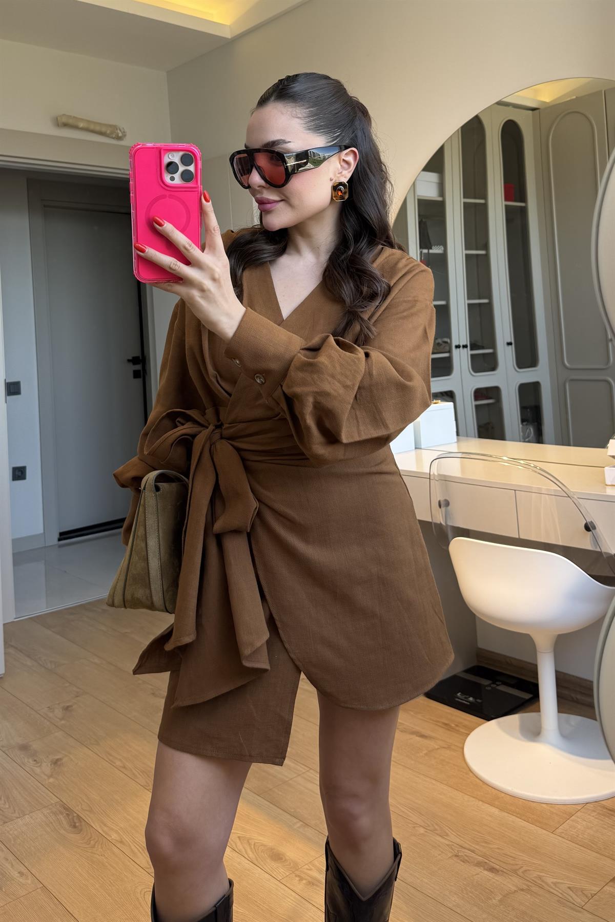 Shawe Tarçın Bağlamalı Keten Elbise