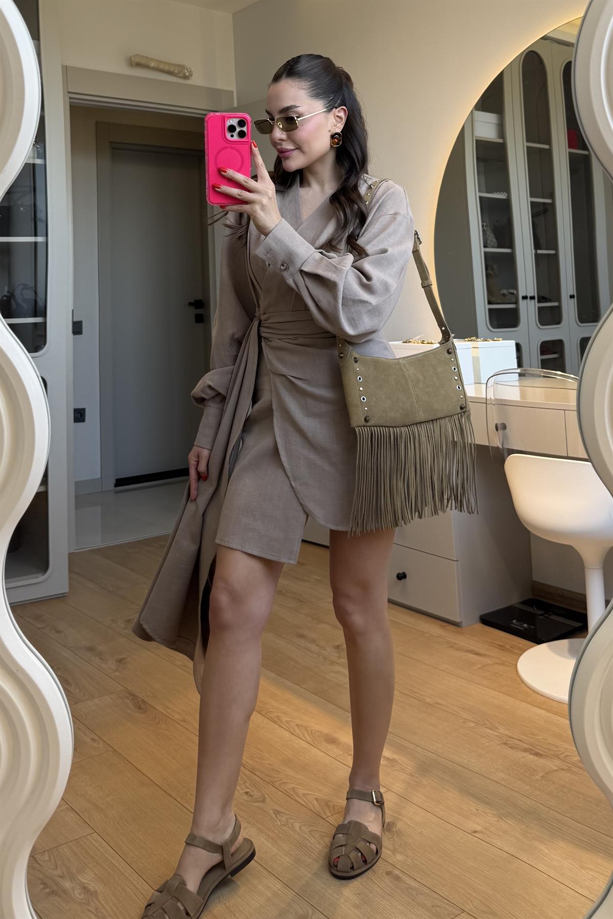 Shawe Vizon Bağlamalı Keten Elbise