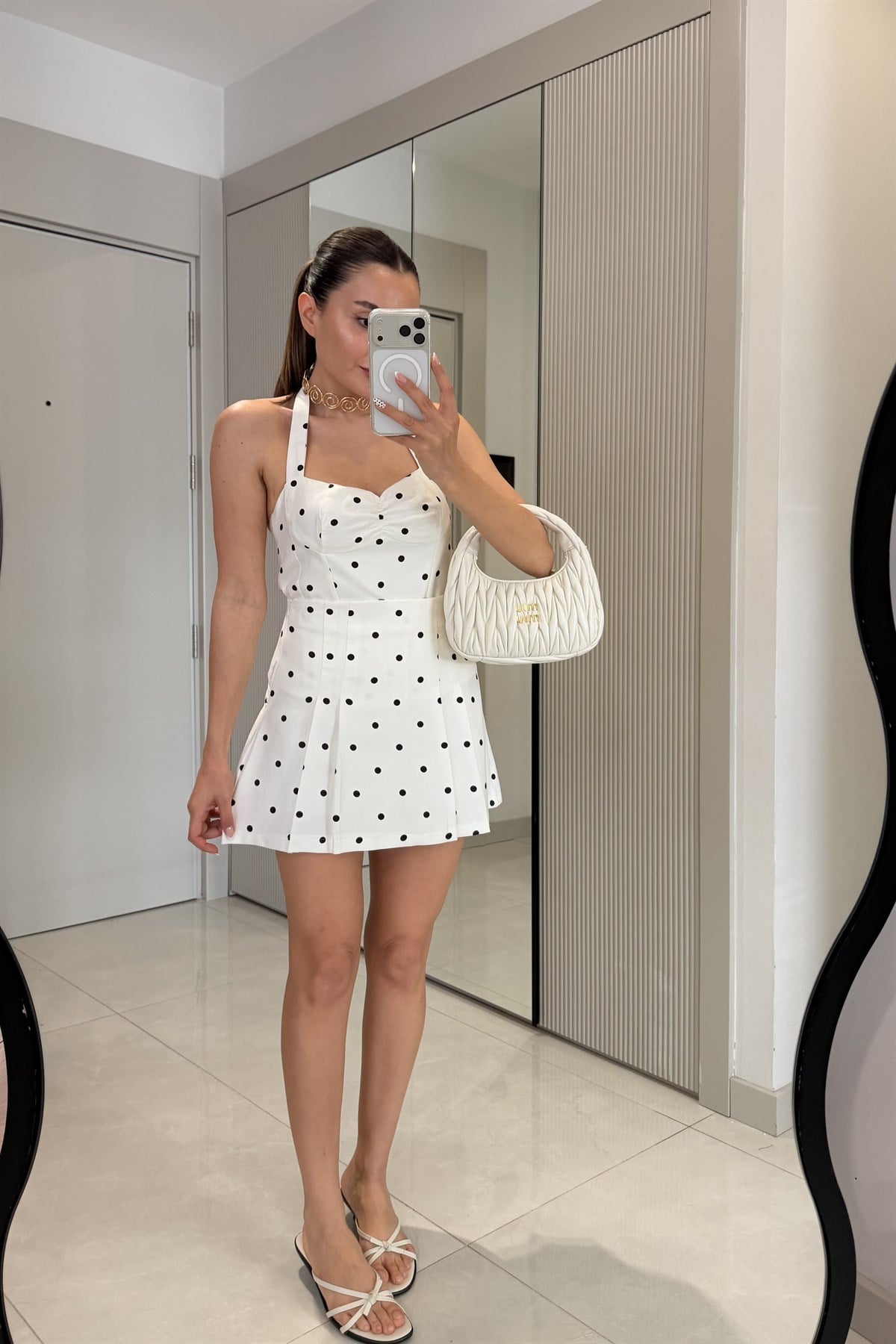 Shayla Halter Yaka Puantiyeli Şort Etek Takım