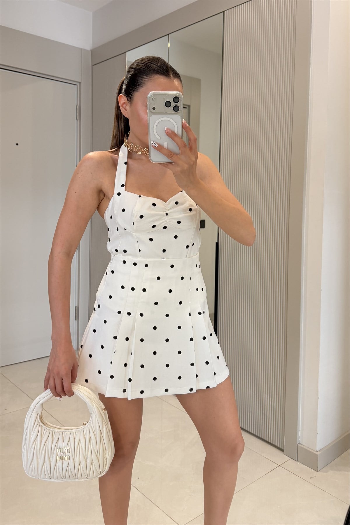 Shayla Halter Yaka Puantiyeli Şort Etek Takım