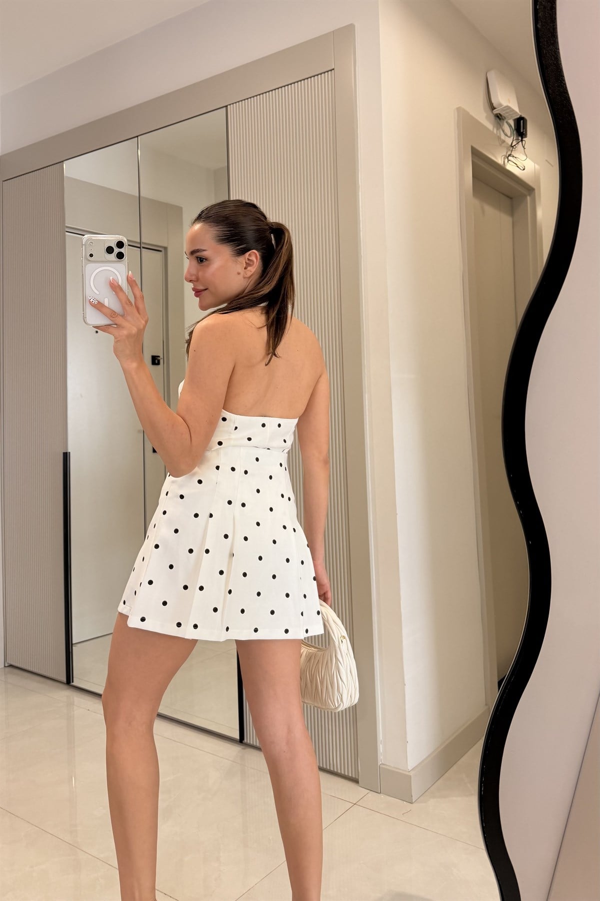 Shayla Halter Yaka Puantiyeli Şort Etek Takım