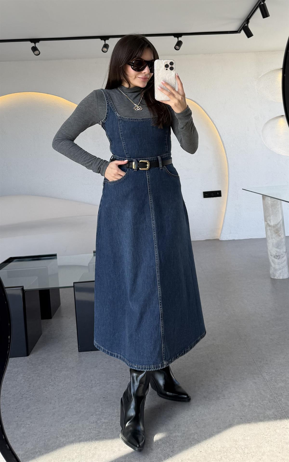 Sheldon Kare Yaka Denim Elbise 