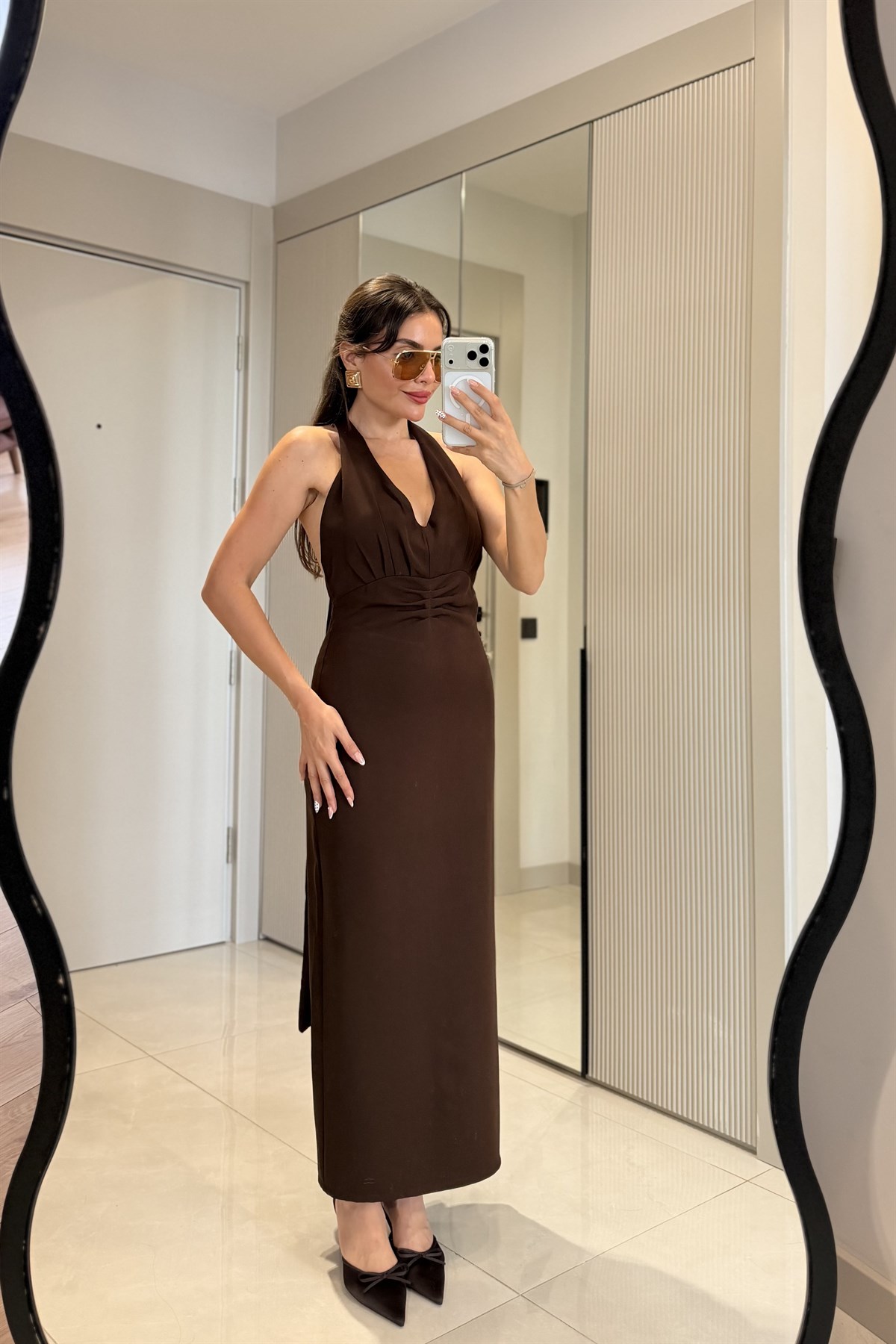 Sherlock Kahve Halter Yaka Maxi Elbise