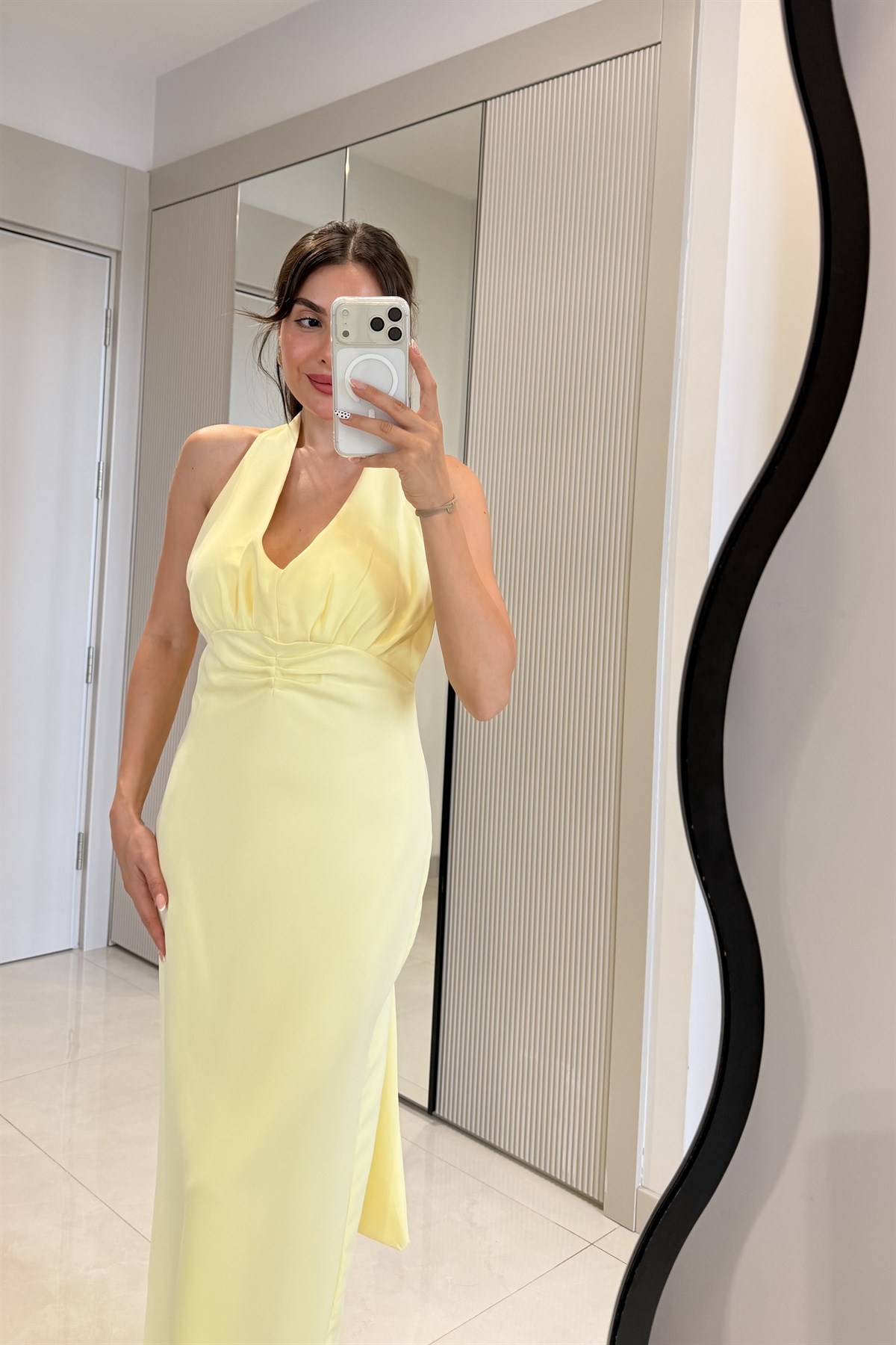 Sherlock Sarı  Halter Yaka Maxi Elbise