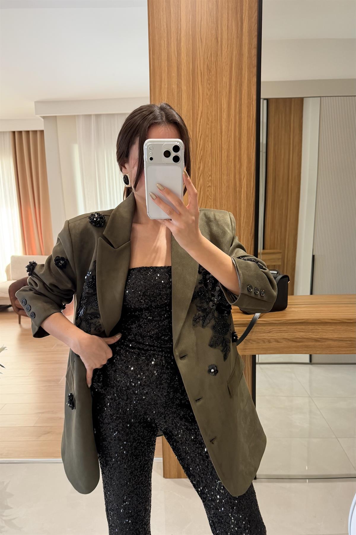 Shine Haki Dantel Aplikeli Süet Blazer