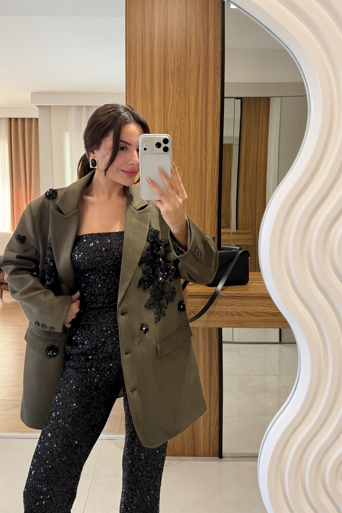 Shine Haki Dantel Aplikeli Süet Blazer