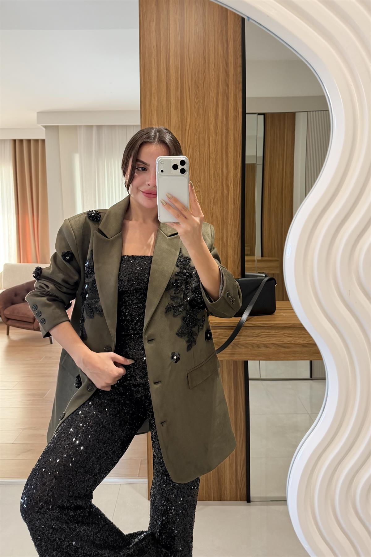 Shine Haki Dantel Aplikeli Süet Blazer