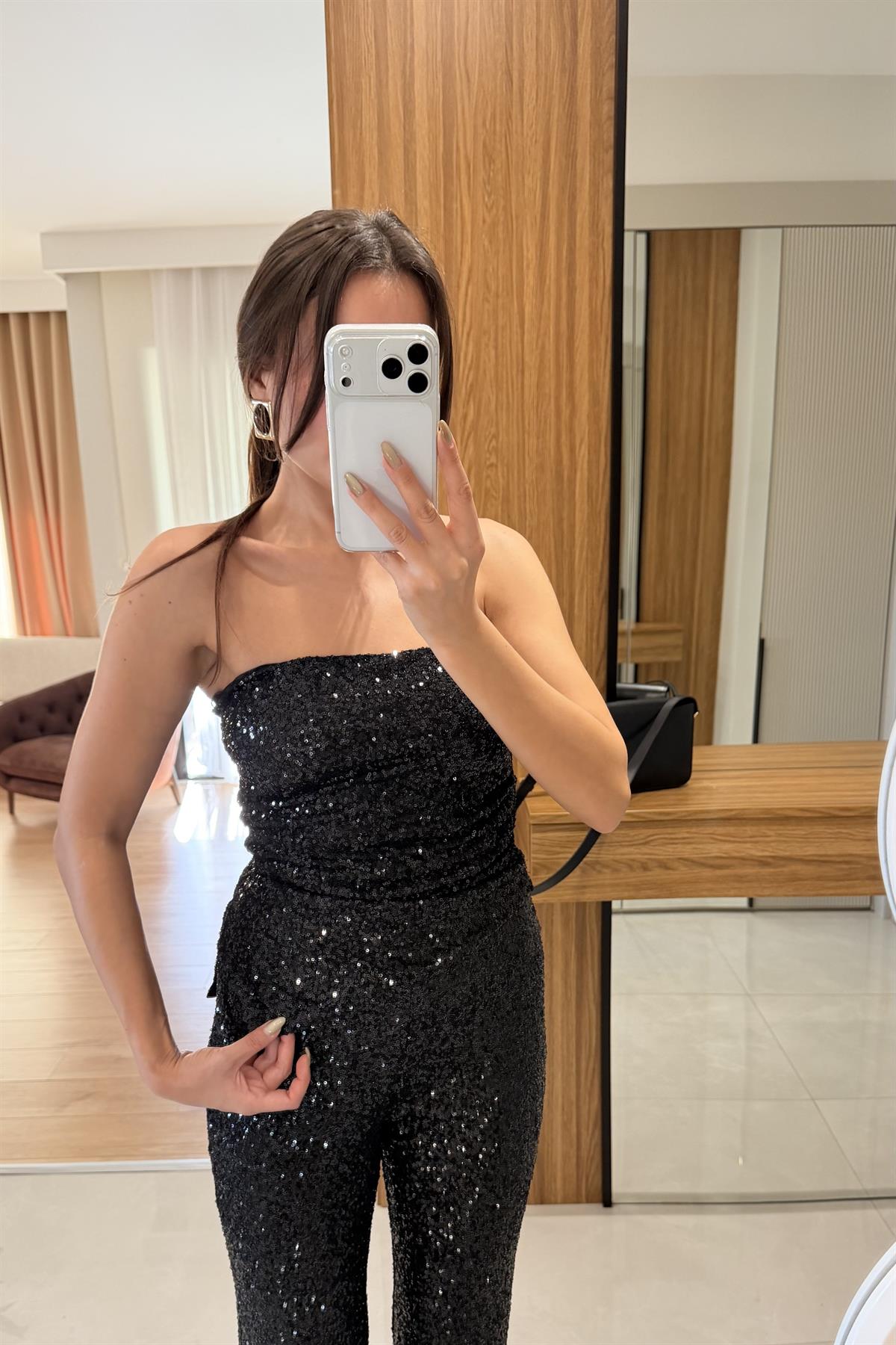 Shine Siyah Payetli Crop