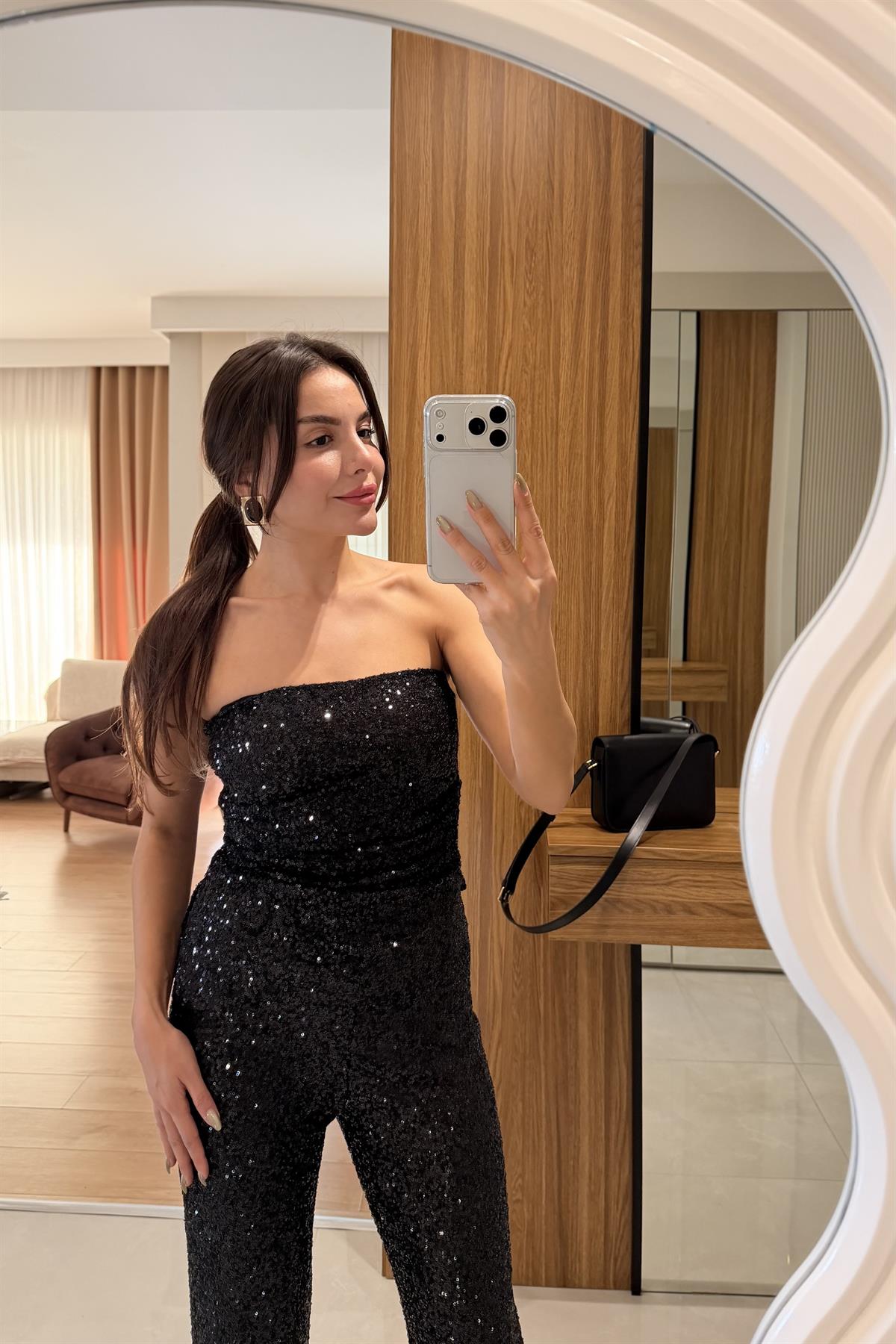 Shine Siyah Payetli Crop