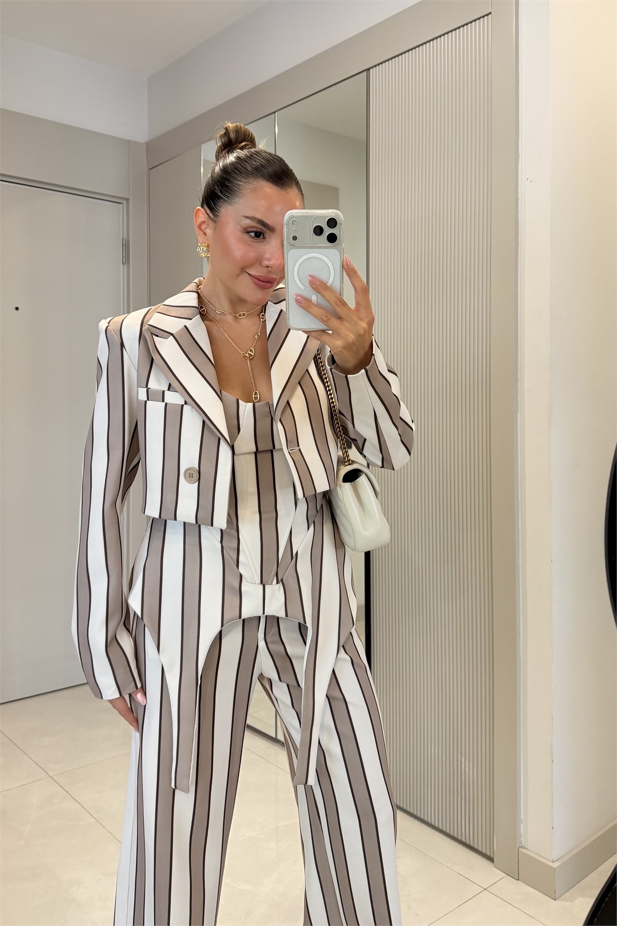 Shirley Camel Çizgili Üçlü Premiım Takım