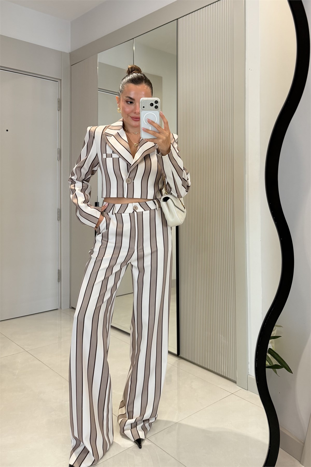 Shirley Camel Çizgili Üçlü Premiım Takım