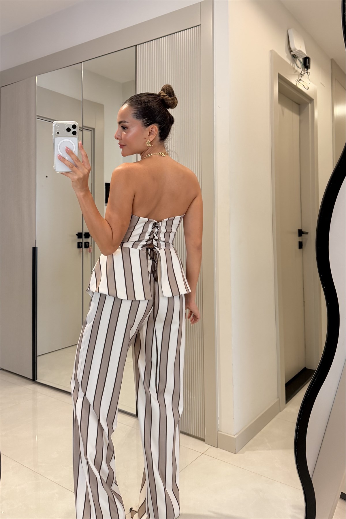 Shirley Camel Çizgili Üçlü Premiım Takım