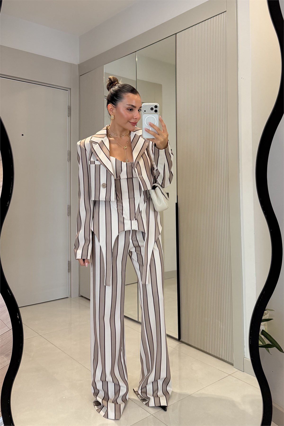 Shirley Camel Çizgili Üçlü Premiım Takım