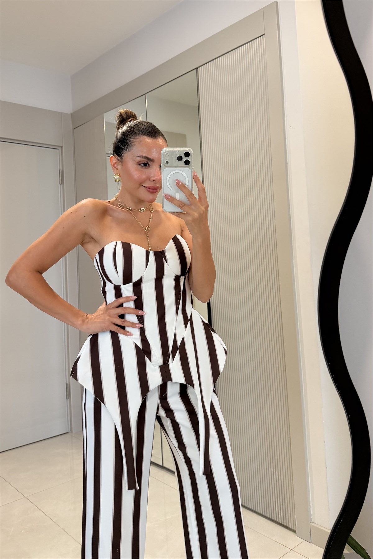 Shirley Kahve Çizgili Üçlü Premiım Takım
