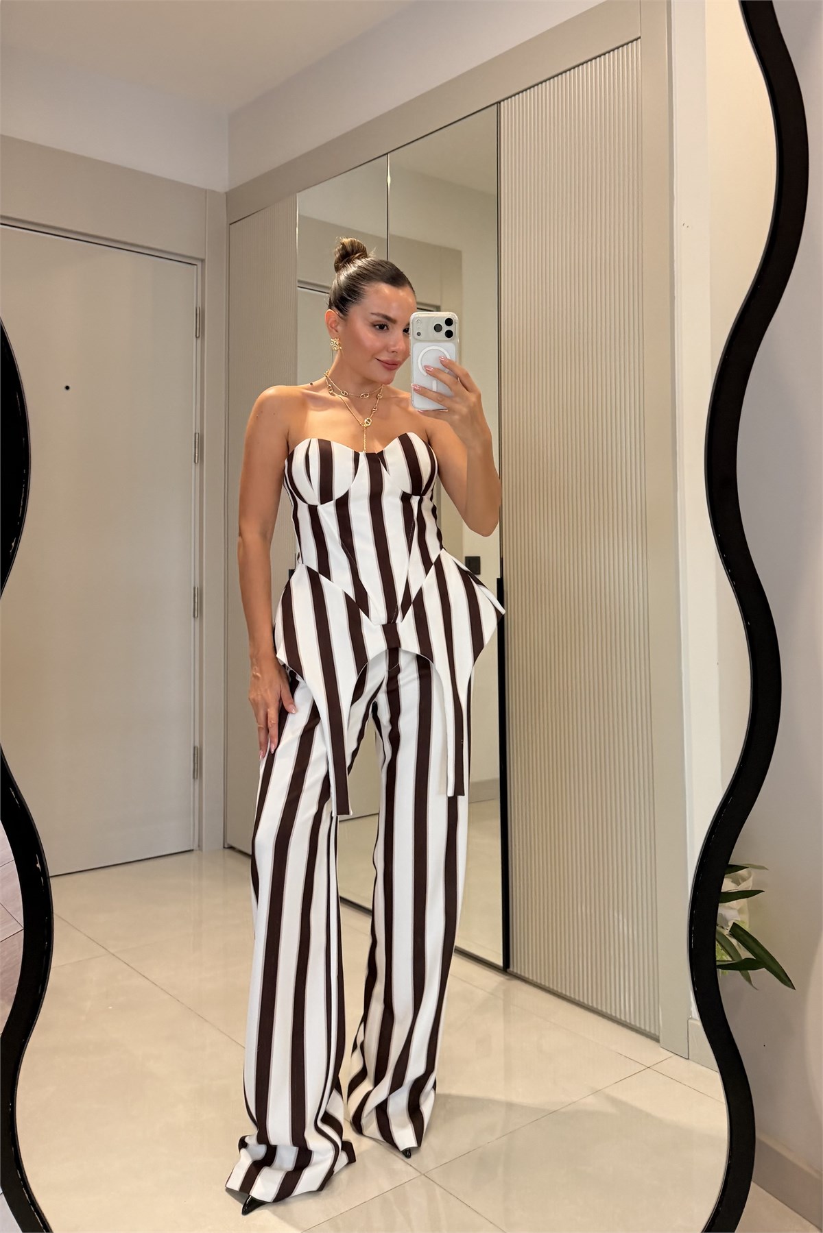 Shirley Kahve Çizgili Üçlü Premiım Takım