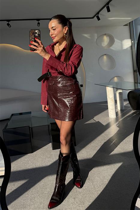Shlange Bordo Yılan Desenli Deri Etek