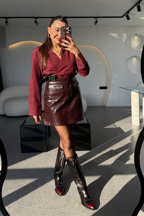 Shlange Bordo Yılan Desenli Deri Etek