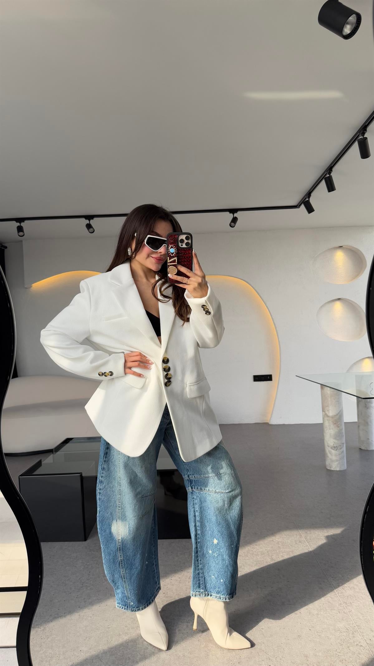 Shota Beyaz Kaşe Blazer Ceket 