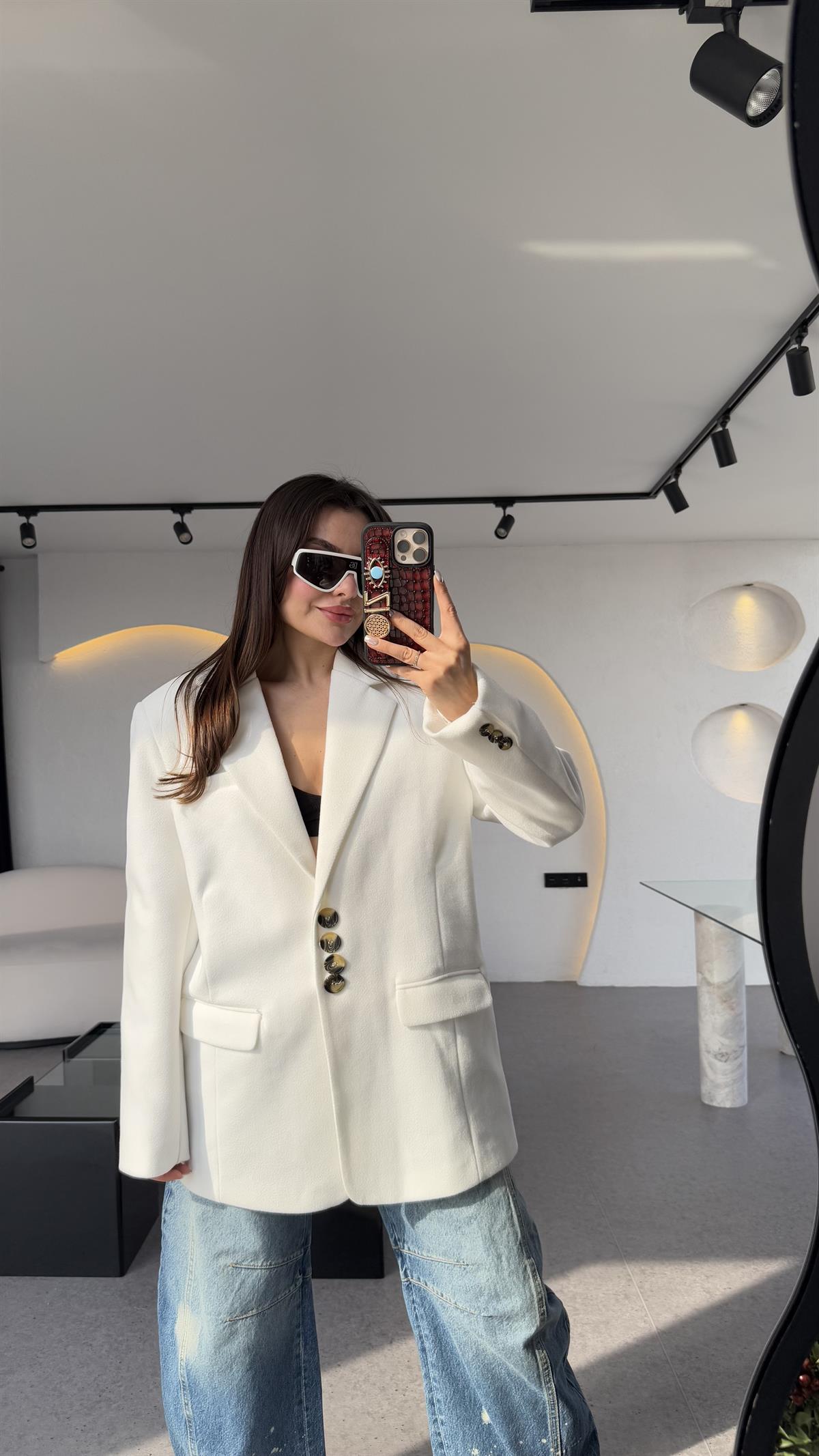 Shota Beyaz Kaşe Blazer Ceket 