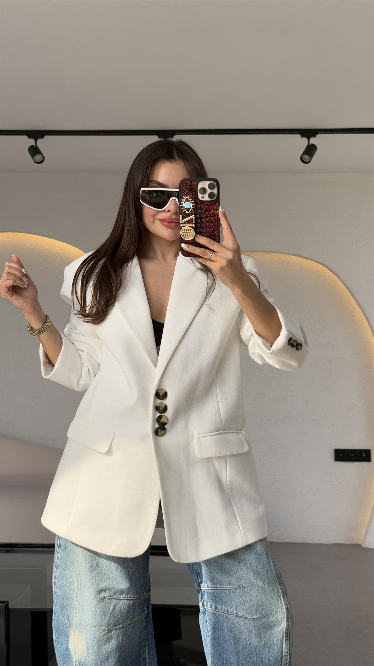 Shota Beyaz Kaşe Blazer Ceket 