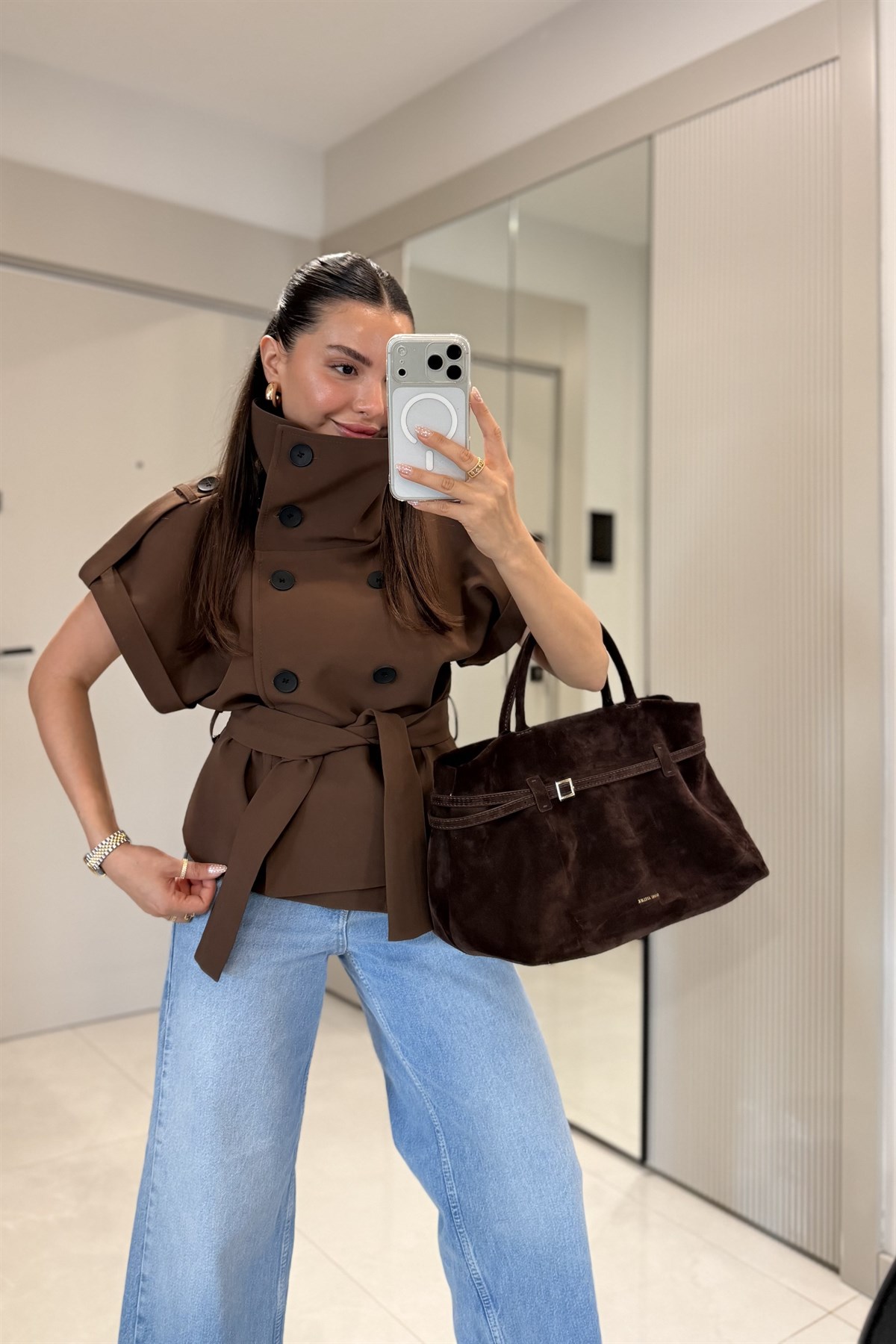 Show Kahve Dik Yaka Kolsuz Trenç