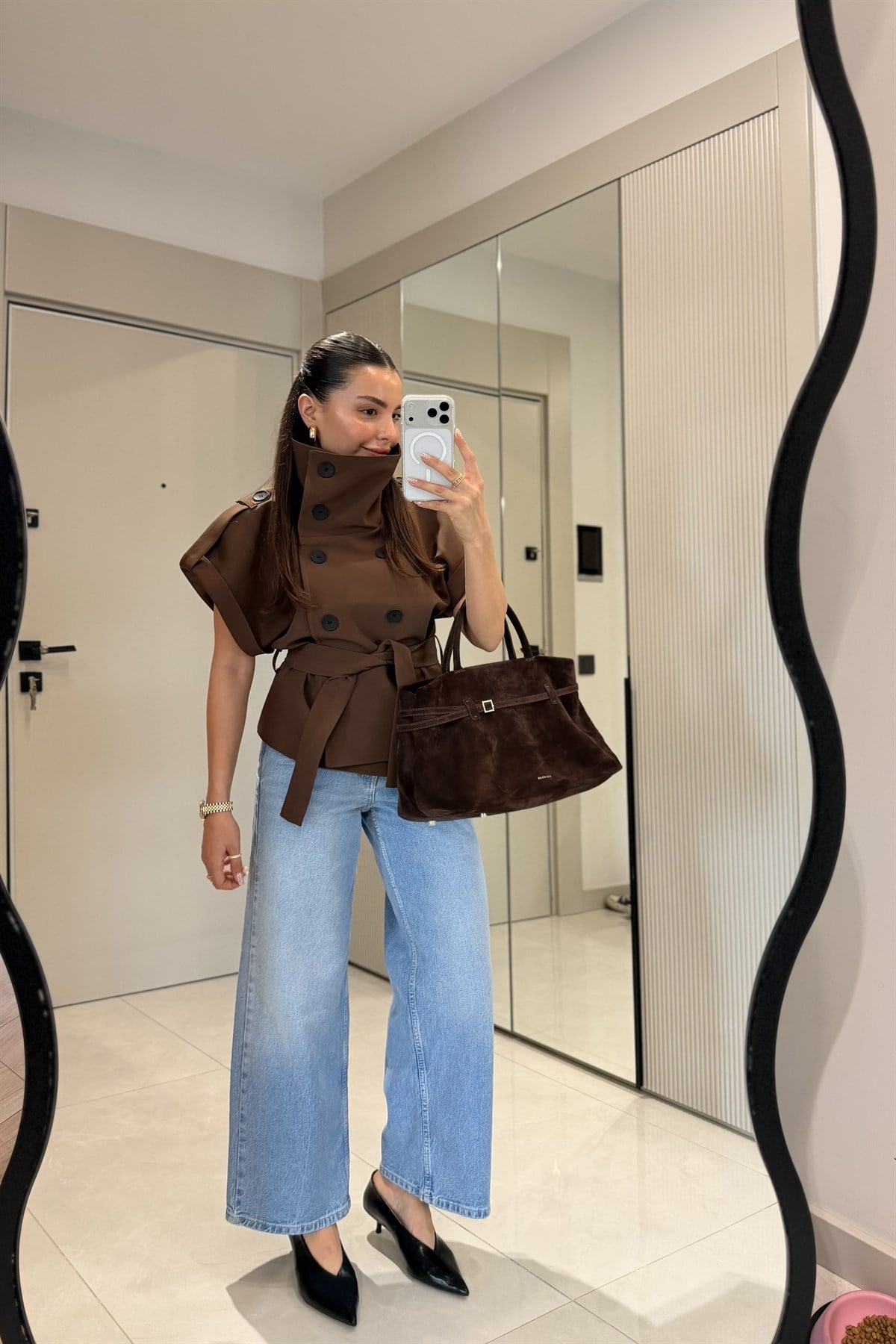 Show Kahve Dik Yaka Kolsuz Trenç