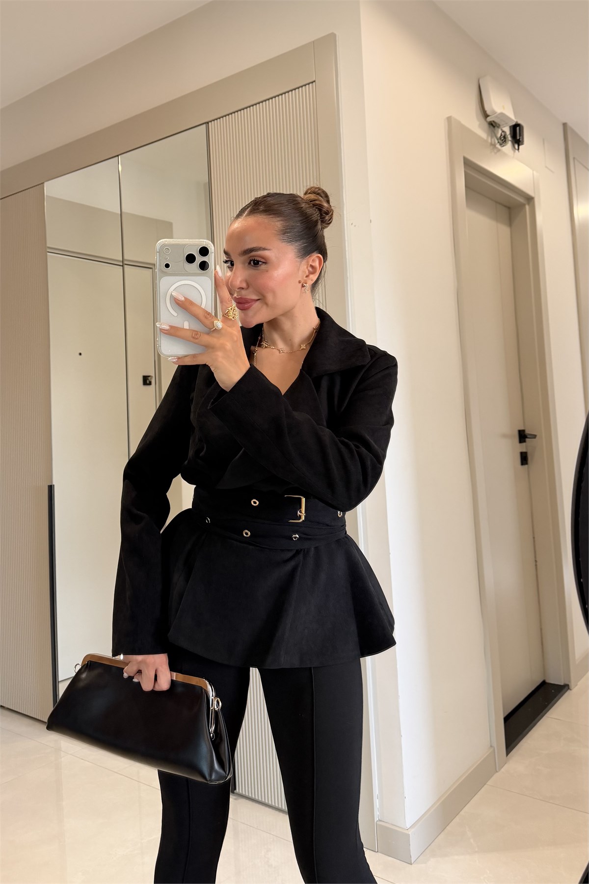 Sidney Siyah Kemerli Süet Dokulu Kruvaze Ceket