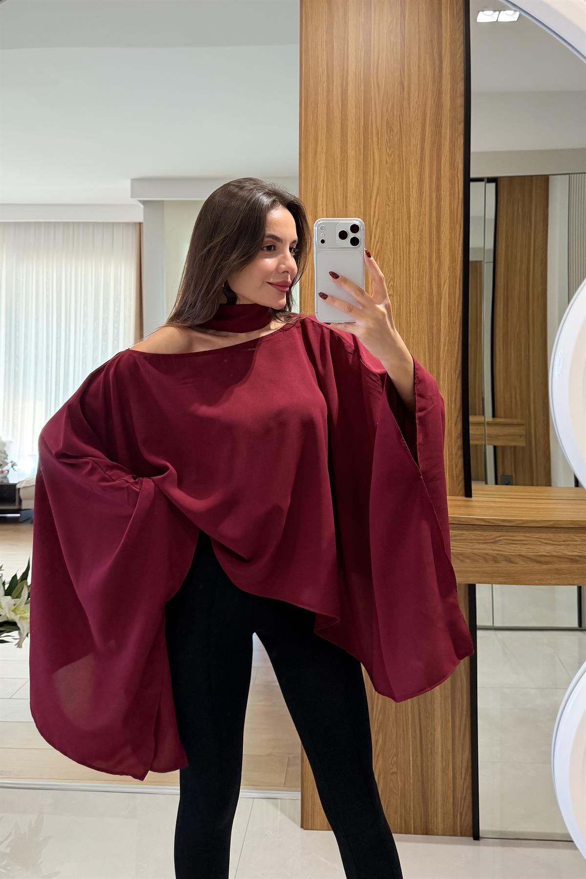 Sienna Bordo Fularlı Bluz