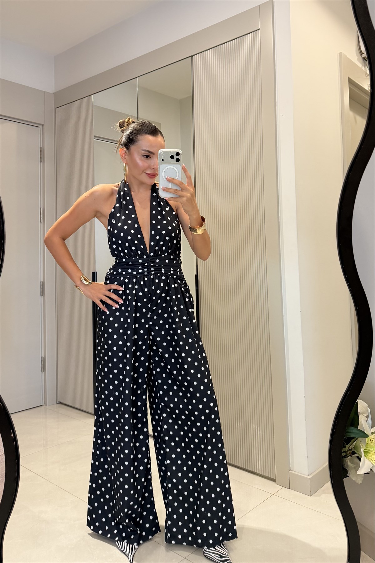 Sienna Siyah Puantiyeli Sırt Dekolteli Tulum