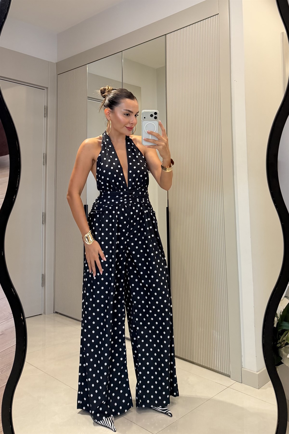 Sienna Siyah Puantiyeli Sırt Dekolteli Tulum