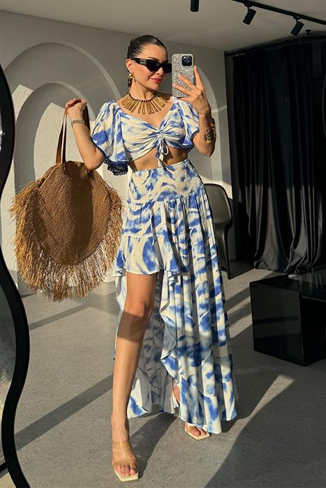 Silina  Mavi Batik Desen Tasarım Crop -Etek Takım