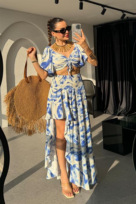 Silina  Mavi Batik Desen Tasarım Crop -Etek Takım