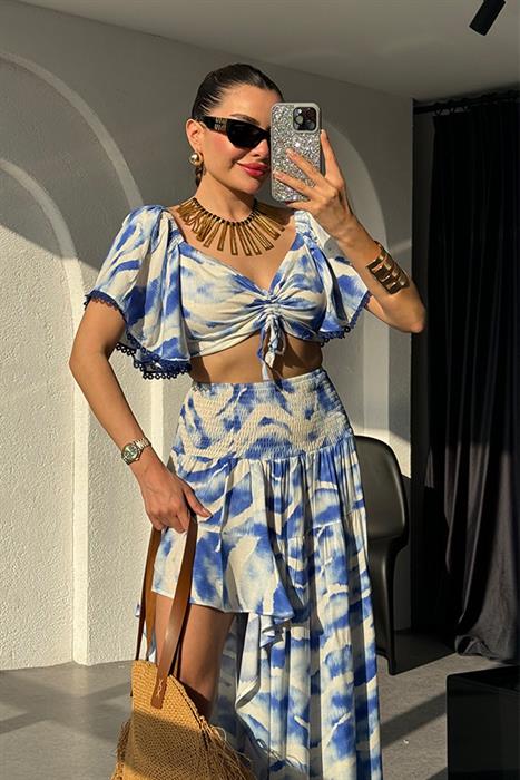 Silina  Mavi Batik Desen Tasarım Crop -Etek Takım
