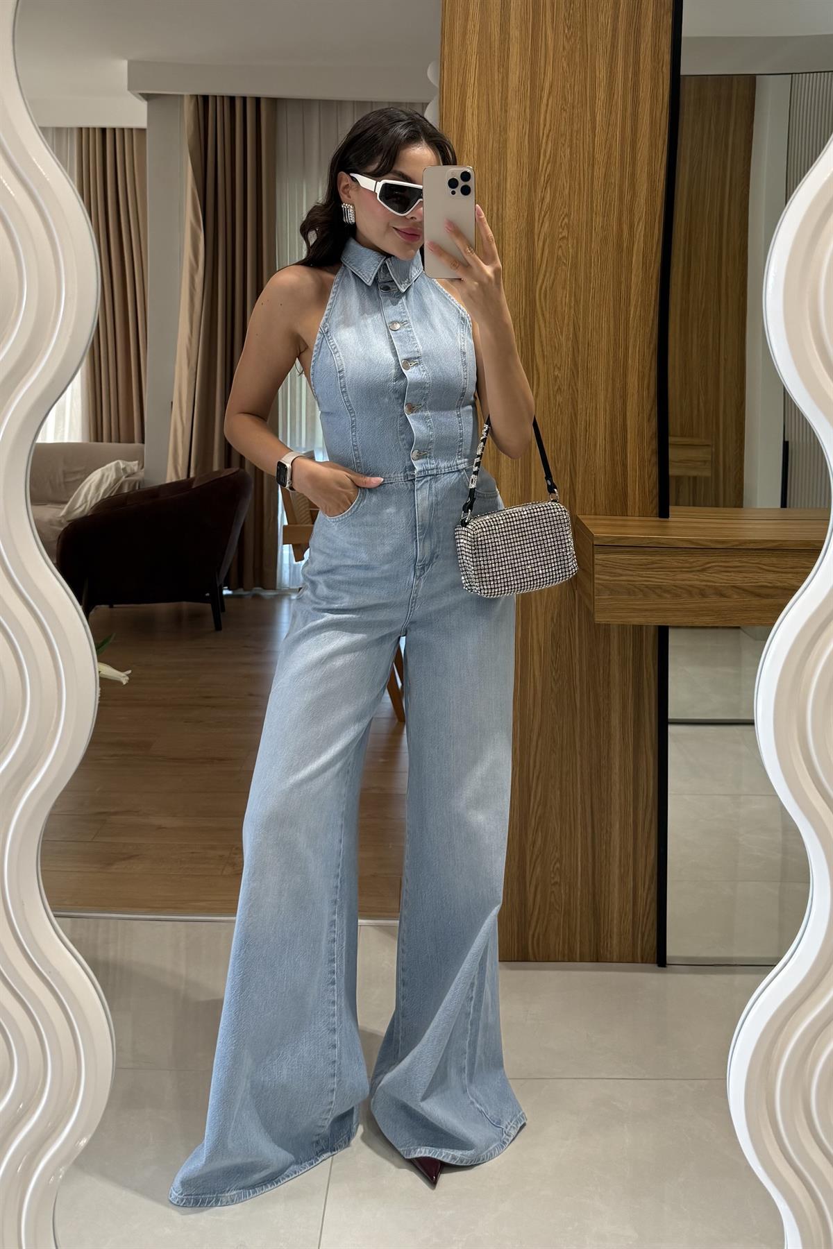 Silvaine Sırt Dekolteli Yakalı Denim Tulum 