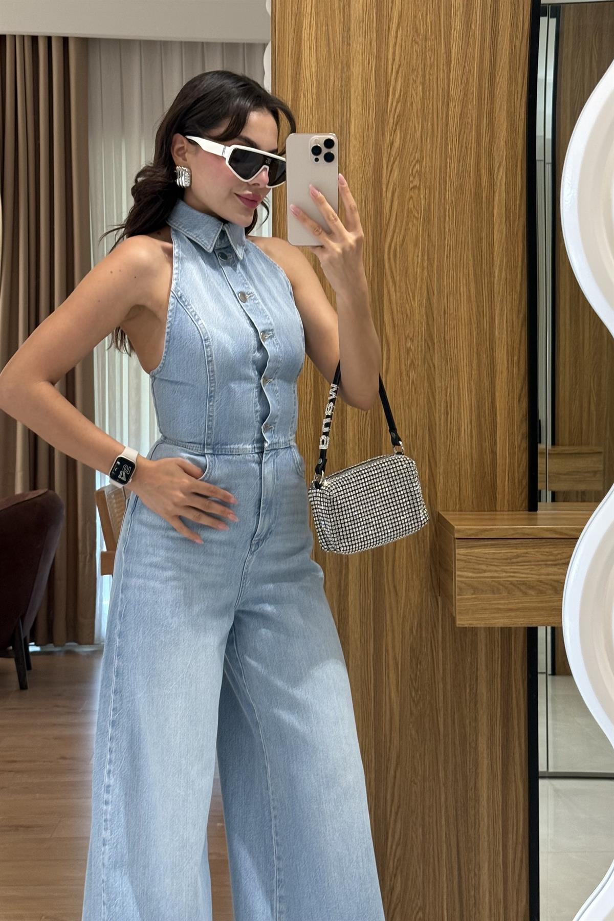 Silvaine Sırt Dekolteli Yakalı Denim Tulum 