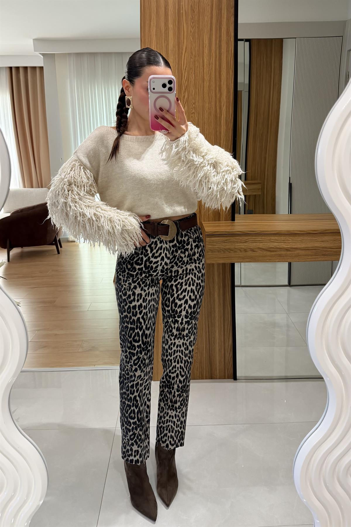 Silveria Leopar Boyfit Kesik Paça Jean
