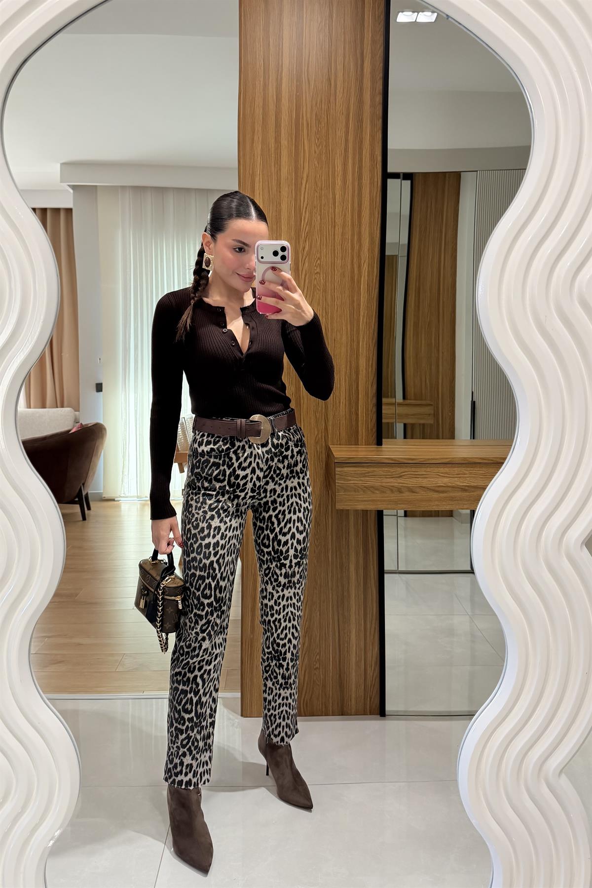 Silveria Leopar Boyfit Kesik Paça Jean