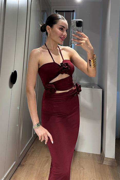 Silvia Gül Detaylı Boyundan Bağlamalı Elbise-Bordo
