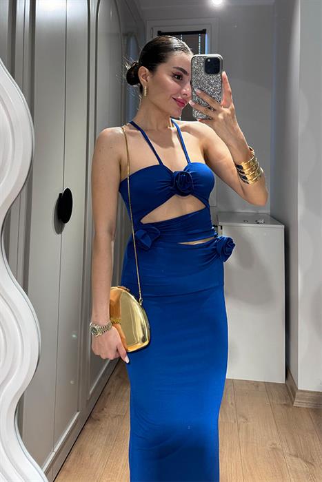 Silvia Gül Detaylı Boyundan Bağlamalı Elbise-Saks Mavi