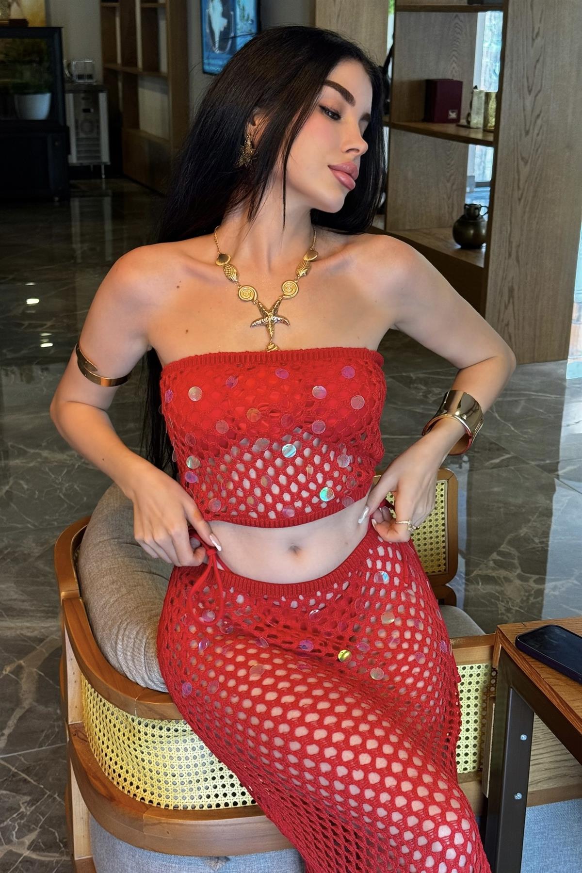 Sindy Kırmızı Pulpayet Ajurlu Takım