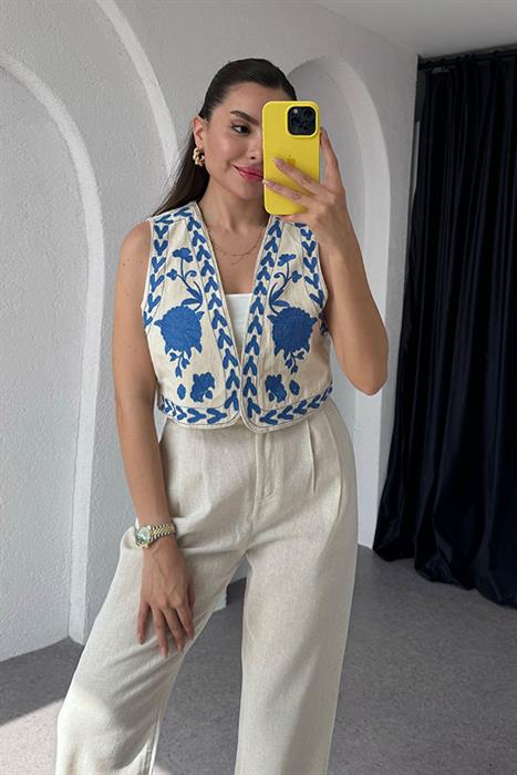 Siofra  Mavi Nakış İşlemeli Tasarım Yelek 