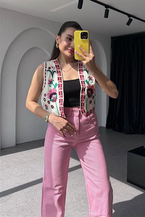 Siofra Pembe Nakış İşlemeli Tasarım Yelek 