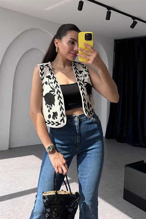 Siofra  Siyah Nakış İşlemeli Tasarım Yelek 