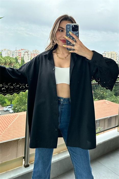 Sırt dantel detaylı oversize gömlek - Siyah