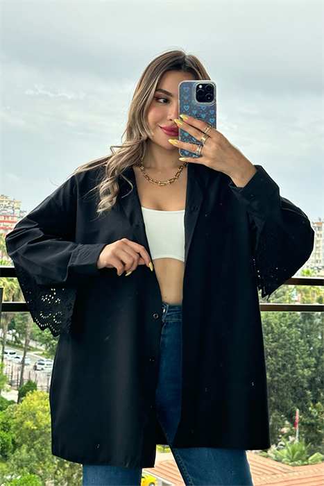 Sırt dantel detaylı oversize gömlek - Siyah