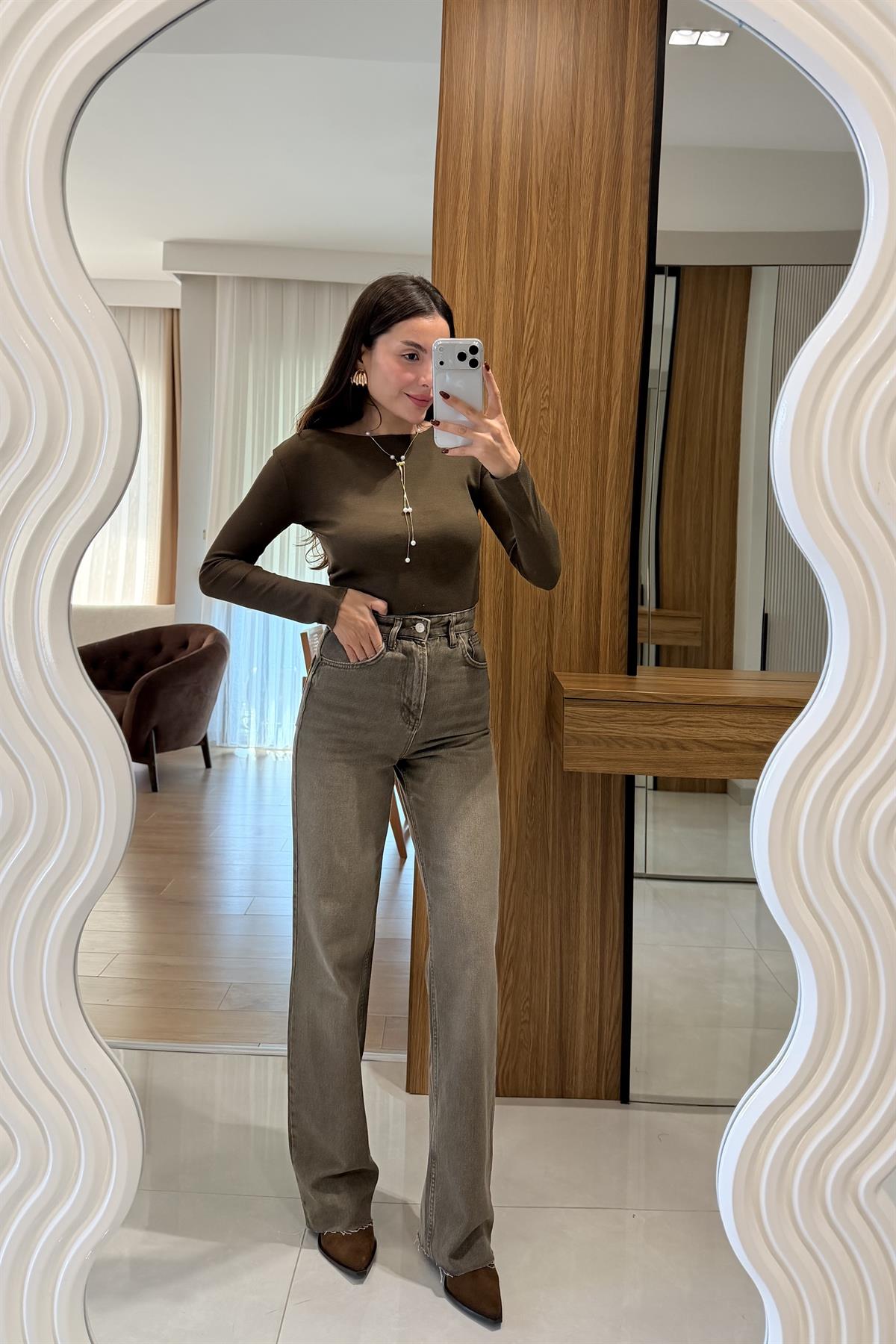 Sisley Haki Palazzo Yüksek Bel Jean