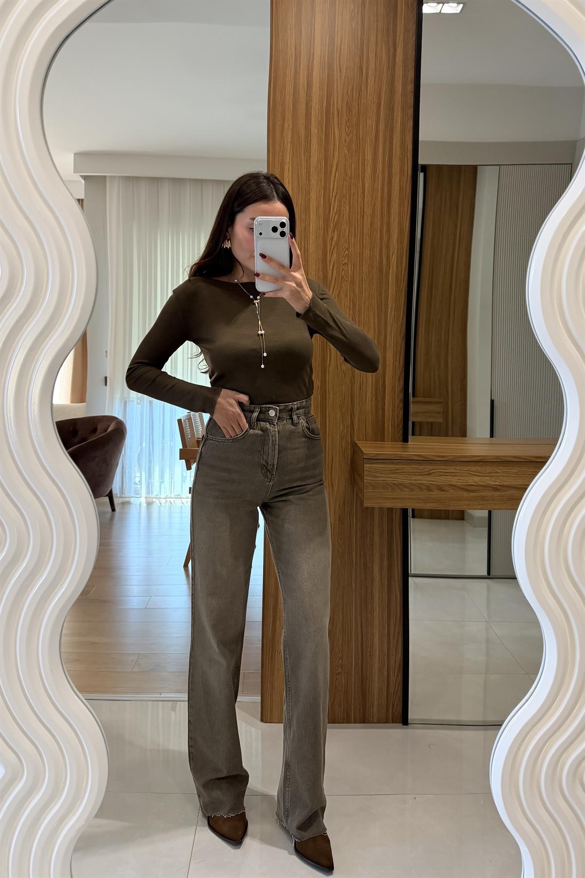 Sisley Haki Palazzo Yüksek Bel Jean