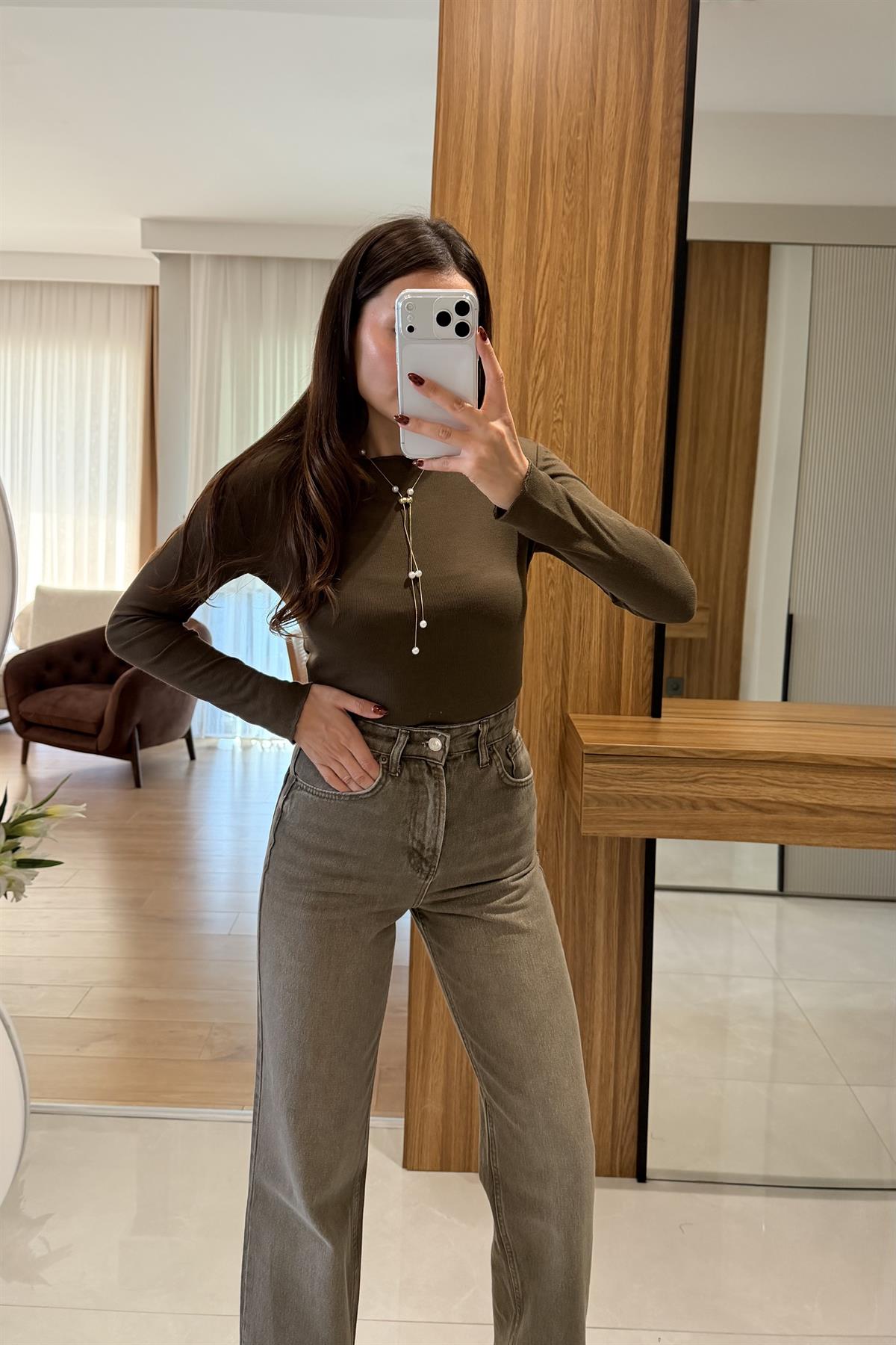 Sisley Haki Palazzo Yüksek Bel Jean