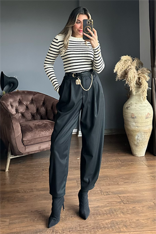 Siyah çizgili slouchy pantolon